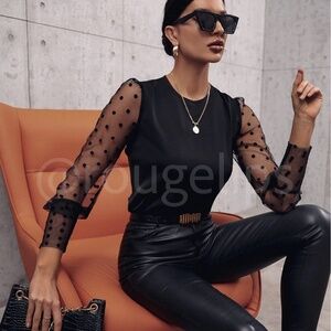 Black Sheer Mesh Detail Polka Dot Shirt Long Sleeve Top